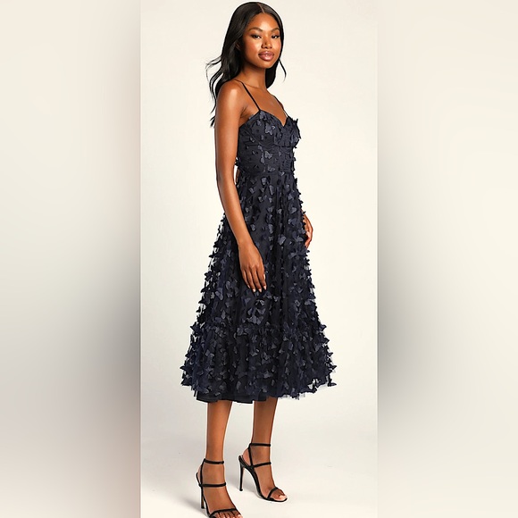 Lulus Navy Blue Butterfly Spaghetti Straps Lace Up Midi Dress **Size M** 🦋🦋 - Picture 2 of 10